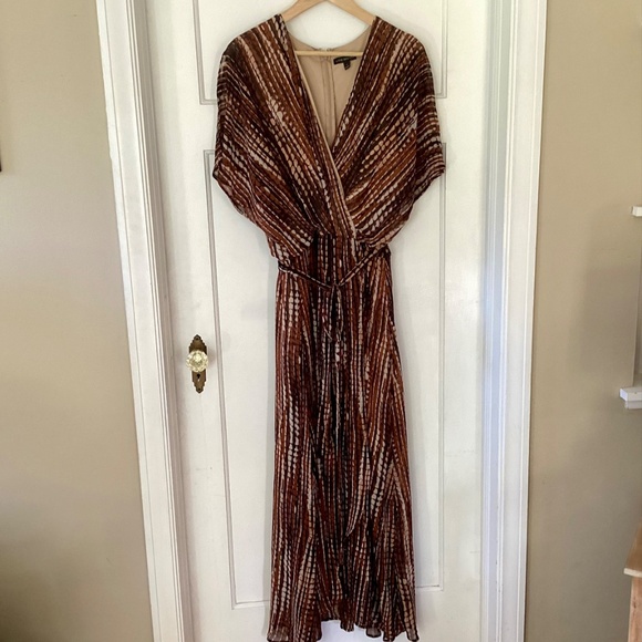 Lane Bryant Printed Faux Wrap Maxi Dress 22W Brown Ruffled Flutter Sheer V-neck - Picture 2 of 13